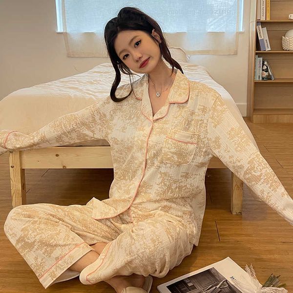 

new spring and autumn season pajamas women's long sleeve knitted cotton jacquard small fragrance cardigan polo collar home suit two pie