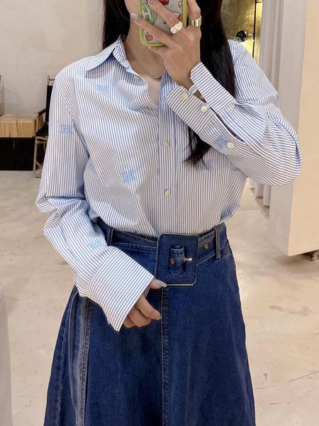 

shirts 2022 spring new letter embroidered striped loose 100% cotton women shirt, White