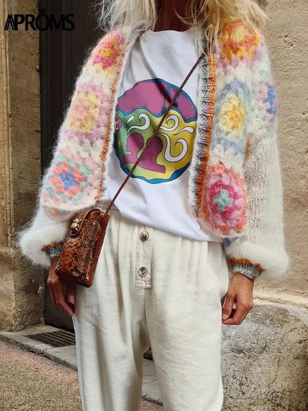 

sweaters aproms soft handmade knitted cropped cardigans women multi plaid patchwork sweaters 2022 female long sleeve short knitwear coats, White;black