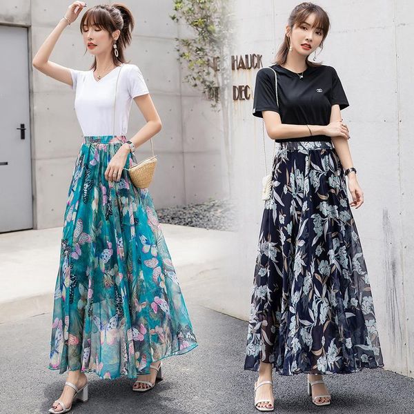 

capris tingyili long skirt boho beach skirt floral print chiffon women skirt, Black;white