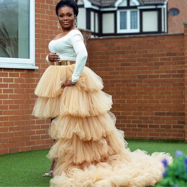 

dresses champagne high low tulle skirts women to birthday party puff ruffles tiered tulle skirt elastic long tulle maxi skirt female, White;black