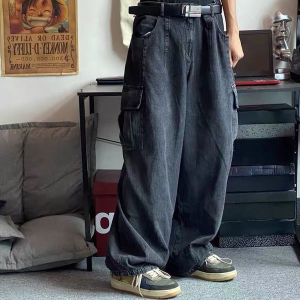 

men's jeans arens baggy trousers male denim pants black wide leg loose casual korean streetwear hip hop harajuku a73 230419, Blue