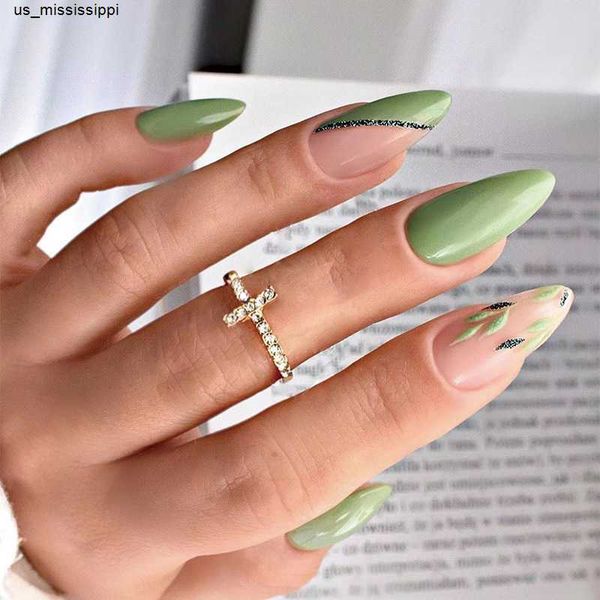 

false nails 24 unhas falsas wearable do vero da folha de ouro da folha verde dos pces com a imprensa da cor do abacate na amndoa acrlica dos, Red;gold