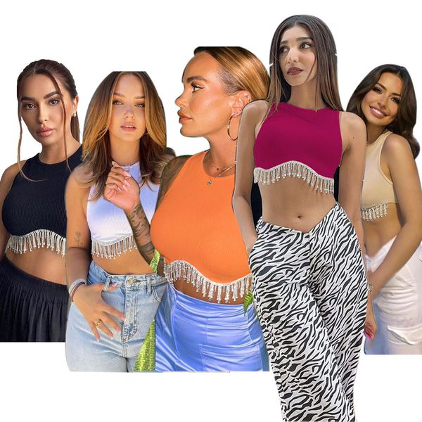 

2023 designer o-neck sleeveless women's vests y2k spicy girl diamond chains tassel hem crop summer casual sports rib pullovers wholesa, Black;white