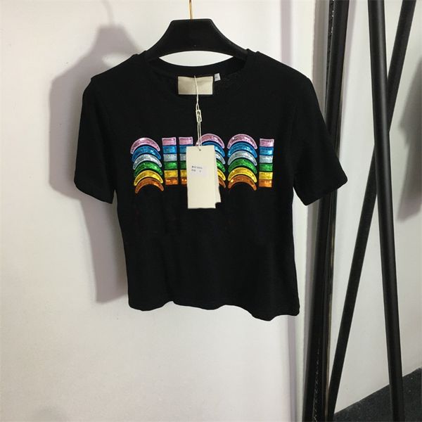 

women's t-shirt short sleeve designer colorful sequin embroidered t-shirt women's summer loose crew neck burst style short sleeve, White