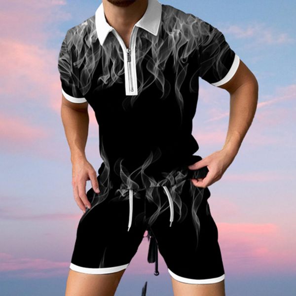 

mens tracksuits sports suits for men casual suit polo shirt short sleeveshorts oversized color flame digital 3d print 2piece set 230418, Gray