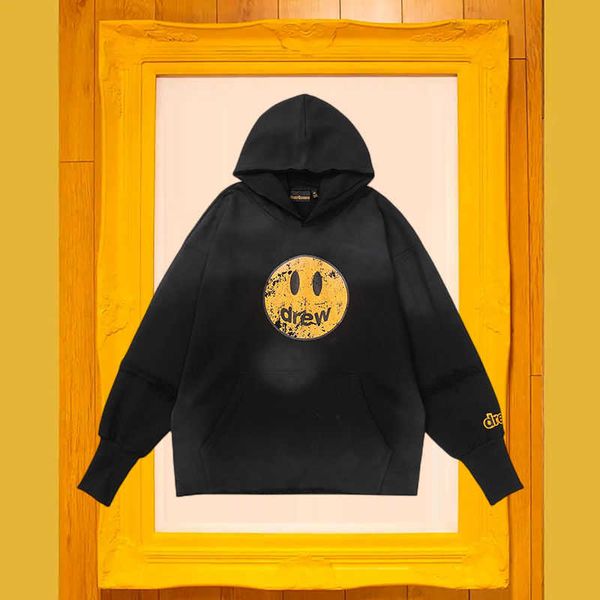 

sweater drew mens hoodie smiley face ins small fashion brand used casual american high street loose fitting hooded sweater for male and fema, Black