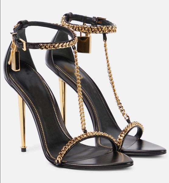 

luxury summer brand padlock women sandals shoes calfskin tomsford sandalias gold chain party wedding bridal pointed toe lady pumps eu35-43, Black