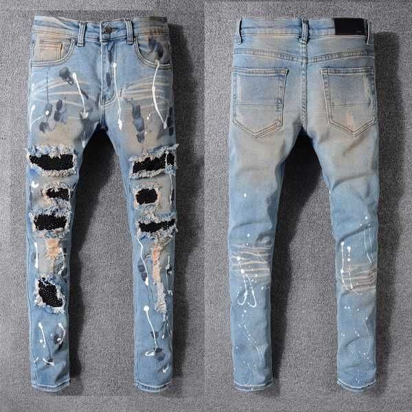 

2023 fashion men's jeans runway slim racer biker jeans *1135 hiphop skinny men denim ripped joggers pants male wrinkle jean trousers k8, Blue