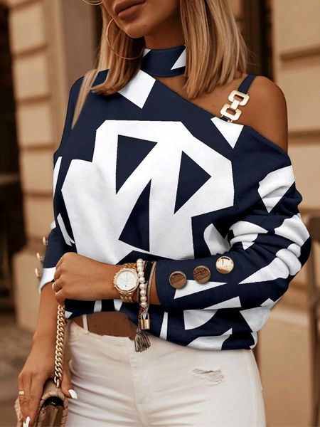 

t-shirt 2022 women fashion halter print autumn winter casual long sleeve off shoulder chain blouse woman party top, White