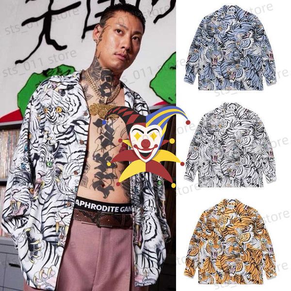 

men's casual shirts 2022ss wacko maria shirts men women full tigers print hawaiian long sleeve shirt t230419, White;black