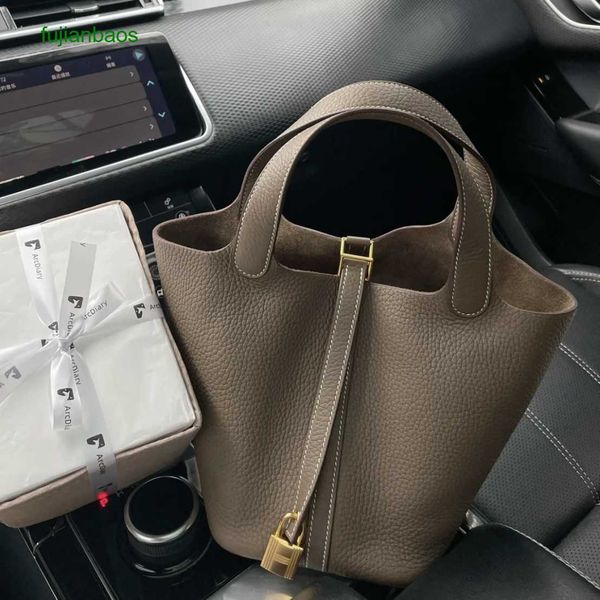 

hemres picotn handbags genuine leather vegetable basket women's bag litchi pattern togo cow gold buckle bucket soft large capacity, Black