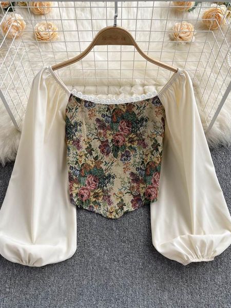 

t-shirt yuoomuoo french vintage women blouses 2022 new long puff sleeve patchwork floral print short chic korean lady blusas, White