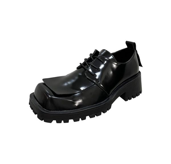 

fashion square toe patent leather derby shoes men british style height increasing mens driving loafers, Black
