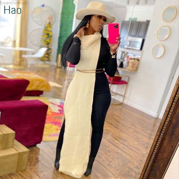 

haoyuan knitted side split sweater dress sleeveless spring clothes for women y2k outfits birthday party long maxi dresses 0419, Black;gray