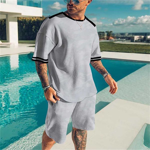 

tracksuits summer hawaii beach men's 2-piece fashion t-shirt short sleeve shorts suit crewneck wide breathable loose sportswear hip hop, Gray