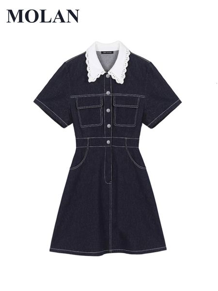 

casual dresses molan kroean woman sweet fashion denim england style cute short sleeve lapel solid pockets female 230419, Black;gray