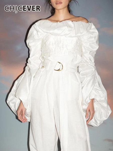 

t-shirt chicever plain shirts for women slash neck loose long butterfly sleeve off shoulder pullovers female 2022 spring clothing, White