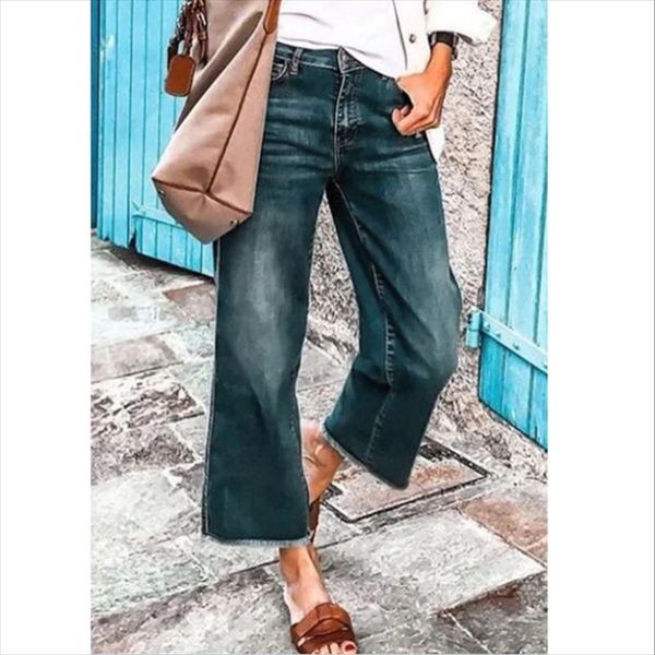 

jeans autumn female flare jeans school girls frayed hem cropped denim pants plus size anklelength woman vintage trousers loose, Blue