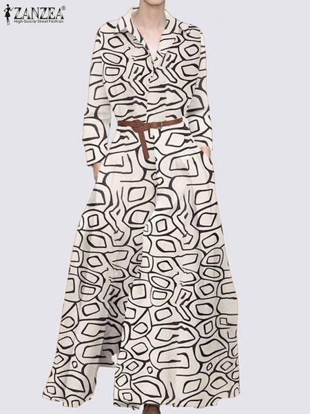 

dresses zanzea women shirt dresses 2022 elegant printed maxi vestidos casual long sleeve baggy sundress female lapel neck robes longue, Black;gray