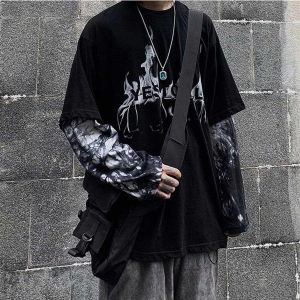 

t-shirt nicemix harajuku pumpkin print letter t shirt fake 2 pieces patchwork casual long sleeve tshirt women and men streetwear, White