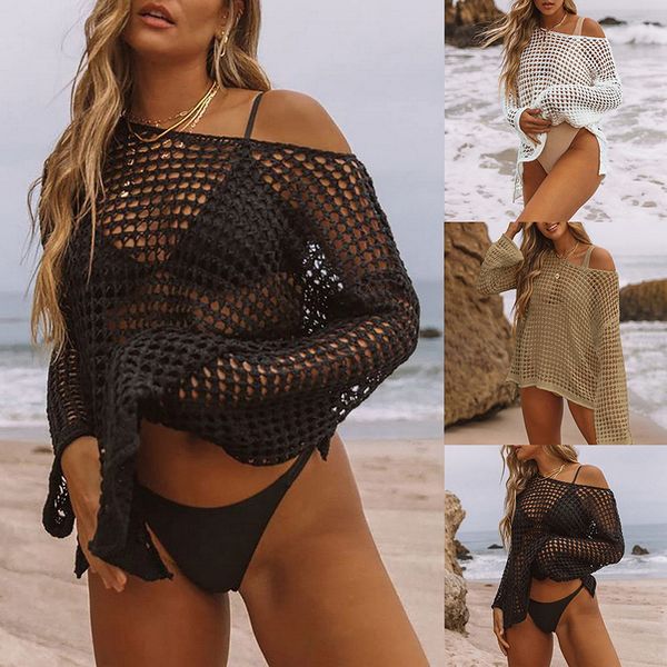 

bohemian knitted bikini cover up swimwear hollow out long sleeve holiday solid beach