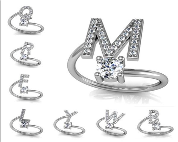 

26 letters band rings crystal pave letter with stones openend rings4914591, Silver