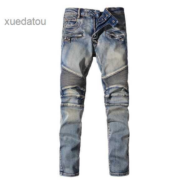 

designer jeans distressed ripped mens biker slim fit motorcycle bikers denim for men s fashion mans black pants pour hommes 3 9jxo, Blue