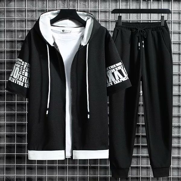 

men's tracksuits men's sets hooded zipper short sleeve elastic waist trousers men clothing two piece set korean streetwear tracks, Gray