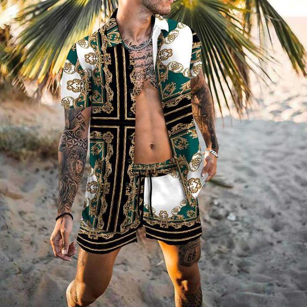 

tracksuits summer men'print set loose casual lapel shirt + fashionable casual printed sandbeach shorts set men's clothing, Gray