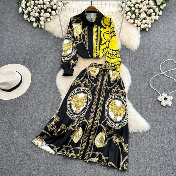 

dress prepomp 2022 autumn new arrivals turn down collar print shirt high waist long skirt two piece set women suits gf936, White