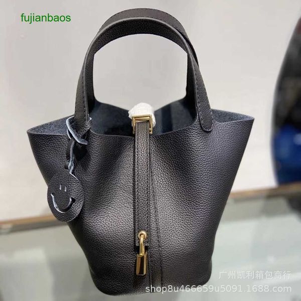 

hemres picotn handbags 2023 spring summer new style mother son vegetable basket bag leather litchi texture togo layer cow hbag bucket female, Black