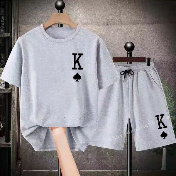 

mens tracksuits cotton oversized tees shorts 2piece sets mens jogging shirt set summer short suits streetwear fashion tracksuits printed out, Gray