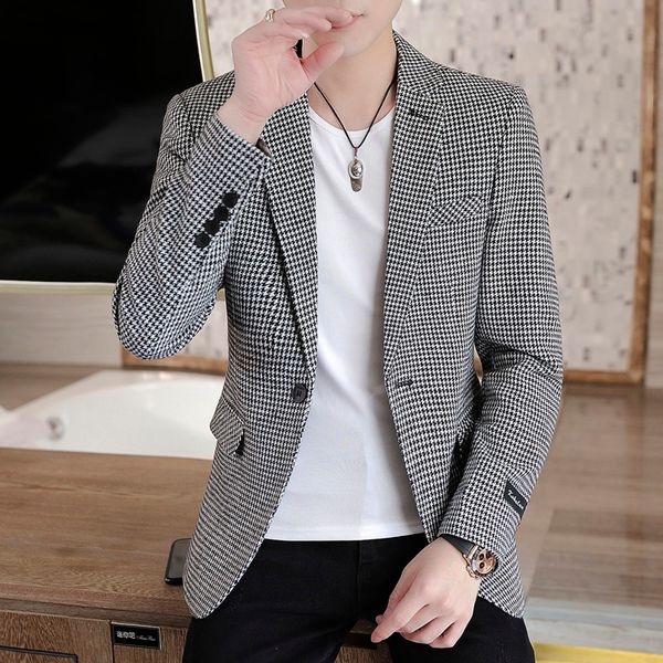 

designer autumn men jacket suit onebutton classic houndstooth korean style blazer non-ironing mens wedding tuxedos suits blazer, White;black