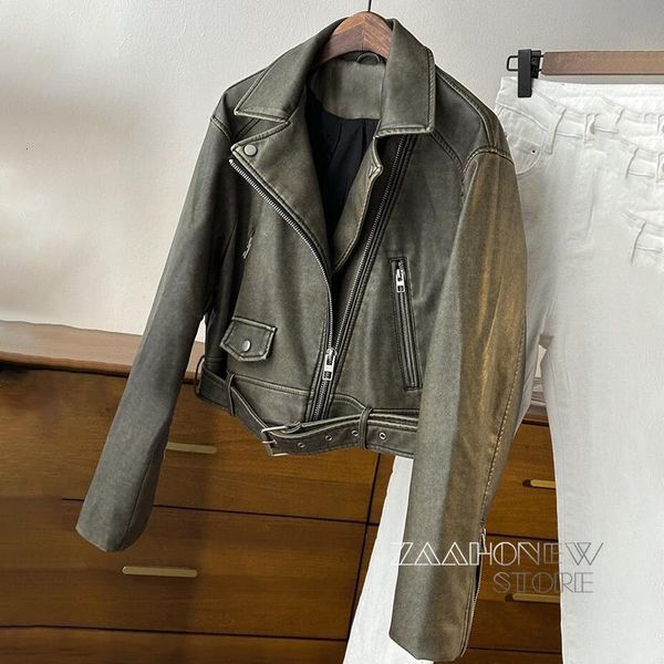 

women's leather faux zaaho 2023 spring autumn women vintage black jacket casual zipper belt biker coat female outwear 230418