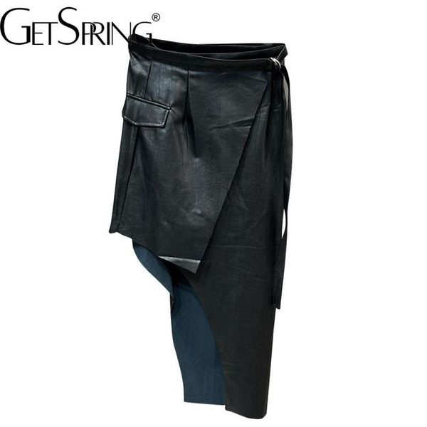

dresses getspring women skirt 2022 early autumn high waist asymmetrical pu leather skirt irregular short black skirts fashion all match, White;black