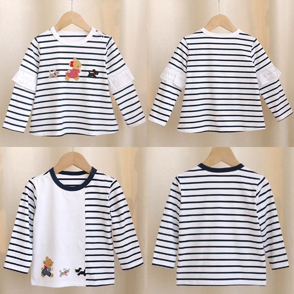 

t-shirts f family autumn boy girl cartoon bear embroidery stripe long sleeve t-shirt undershirt brother and sister children's clothing, Blue
