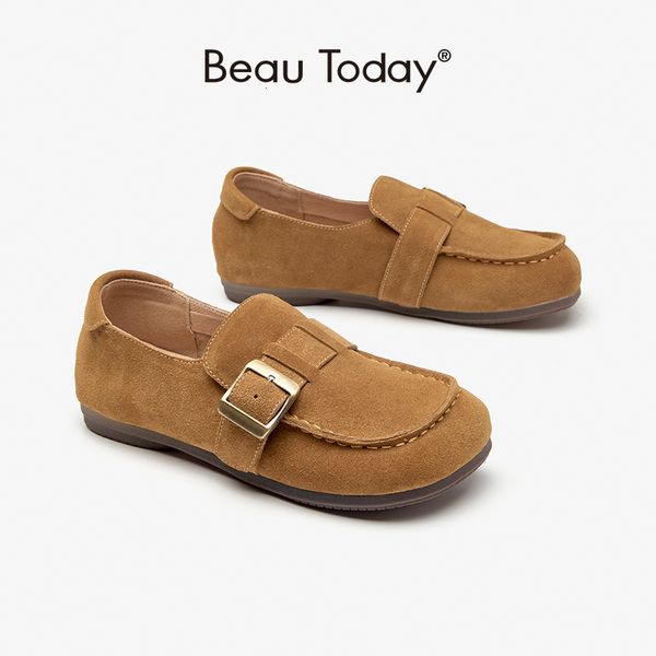 

sandals beautoday flat genuine cow suede square toe metal belt buckle decoration soft ladies casual shoes handmade 26105 230419, Black