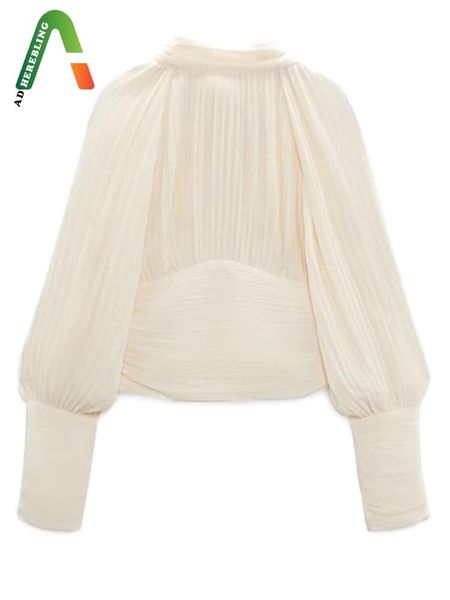 

t-shirt adherebling 2022 autumn women blouses traf vintage long sleeve tulle bow tie backless slim shirt female crop elegant chic, White