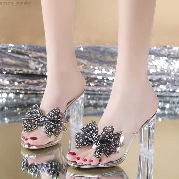

rimocy high heels crystal bowtie slippers women 2022 summer open toe transparent pvc sandals woman clear heeled party slides 0419, Black