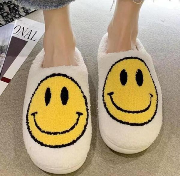 

z60516 smiley face slippers winter womens fluffy fur smile decoration cotton flats shoes indoor happy slipper scuffs7670183, Black