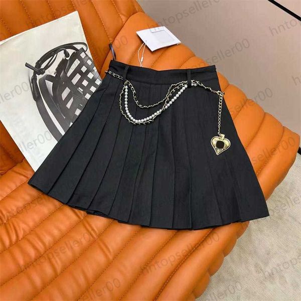 

womens black midi skirt designer summer spring fashion luxurious playful versatile pearl waist chain decoration pleated half skirt female cl