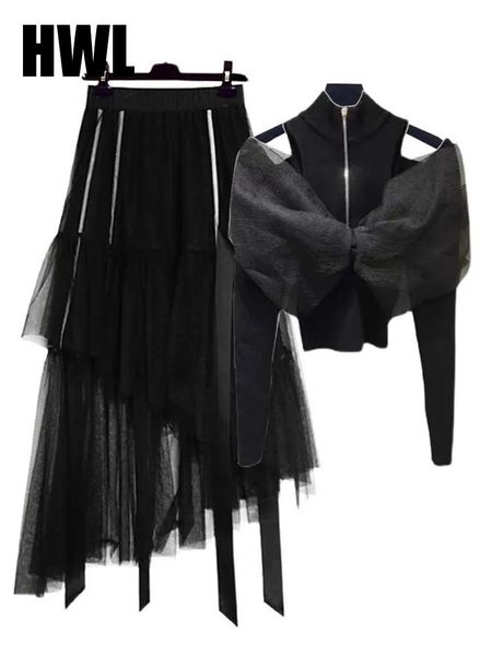 

dress women spring ruffles skirt suit 2022 new offtheshoulder crop asymmetrical midi tealength elastic waist tulle skirt, White