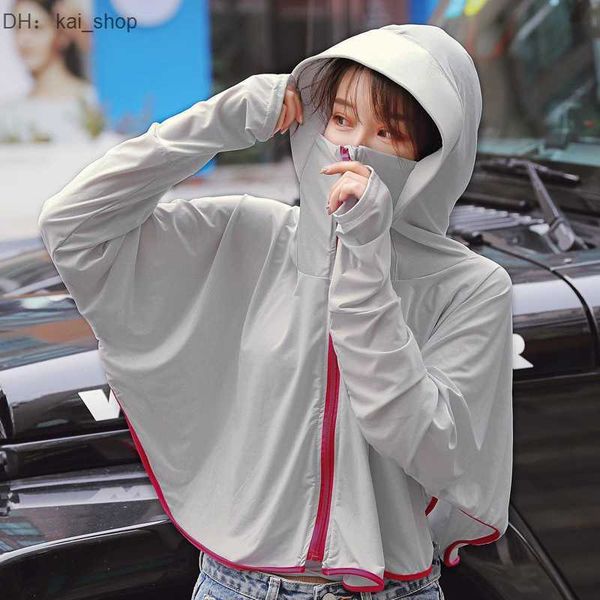 

women's sun protection clothing new summer outdoor cycling driving zipper hooded shawl beach breathable ice silk1, White