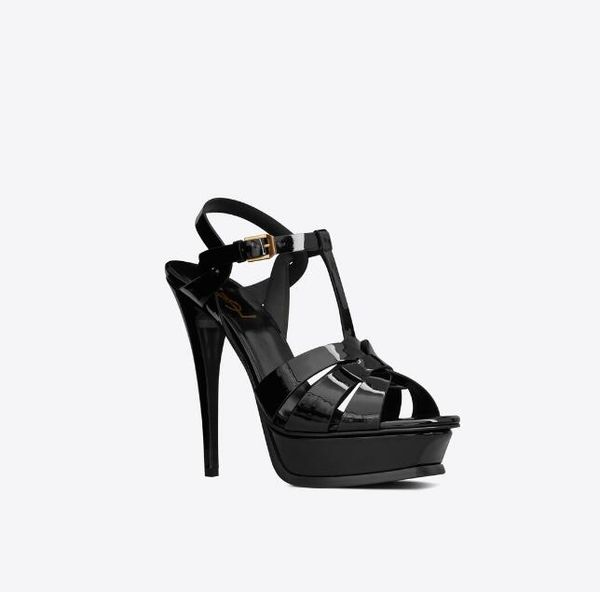 

women tribute designer platform sandals in patent leather covered heel and adjustable ankle strap wedding party summer beach no021, Black