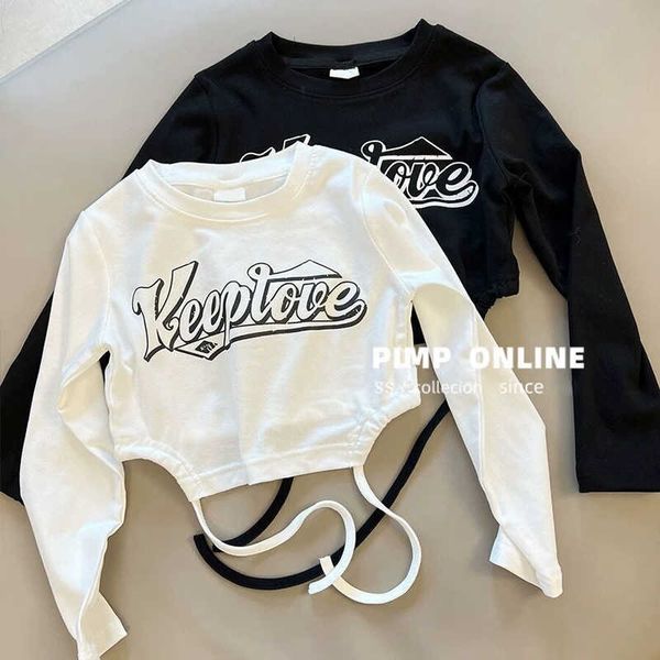 

t-shirts spring autumn girls t shirt baby tee shirt kids crop children clothes streetwear high stretchable bandage lacing 5-14y p230419, Blue