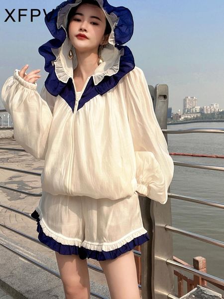 

dress xfpv women hooded lace color matching sunscreen loose wide leg shorts long sleeve sweet korea girl's summer 2022 sm2628, White