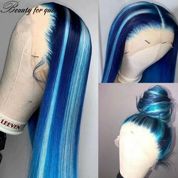 

long soft blue lace front human hair wigs for women straight hd transparent lace frontal wig synthetic front lace wig preplucked, Black