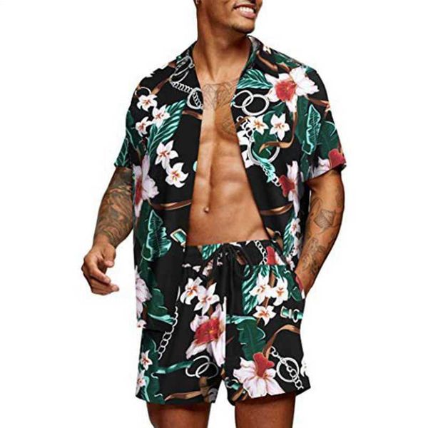 

tracksuits mens fashion print sets lapel short sleeve casual shirt beach shorts set summer vacation hawaiian suits s-5xl, Gray