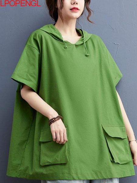 

t-shirt summer women hoodies sweatshirt cotton pullover lady shirts loose casual pockets oversize allmatch short sleeve clothing, White